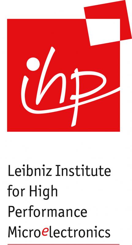 Ein rotes Quadrat mit dem weißen handschriftlichen Schriftzug „ihp“ darin. Oben rechts überlappt ein kleineres weißes Quadrat. Darunter steht in schwarzer Schrift: „Leibniz Institute for High Performance Microelectronics“, wobei das „e“ in „Microelectronics“ rot hervorgehoben ist.