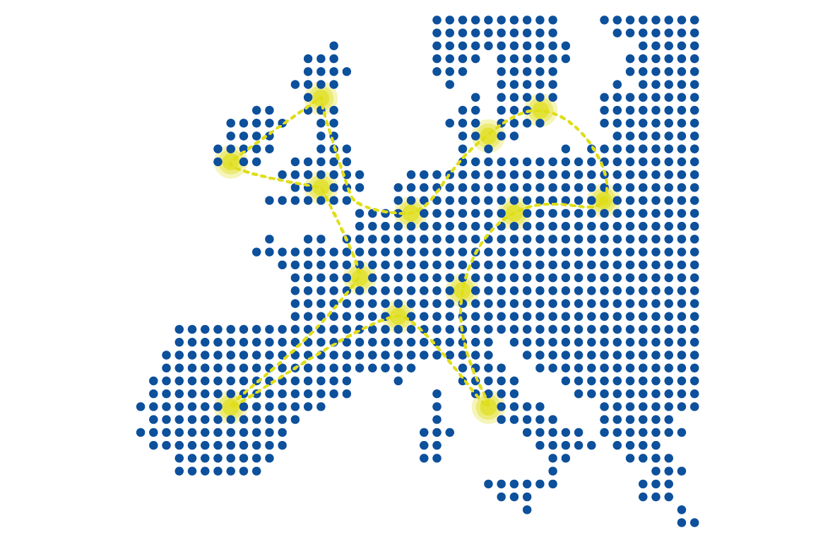 A map of Europe made out of blue dots. Selected dots are highlighted in yellow.